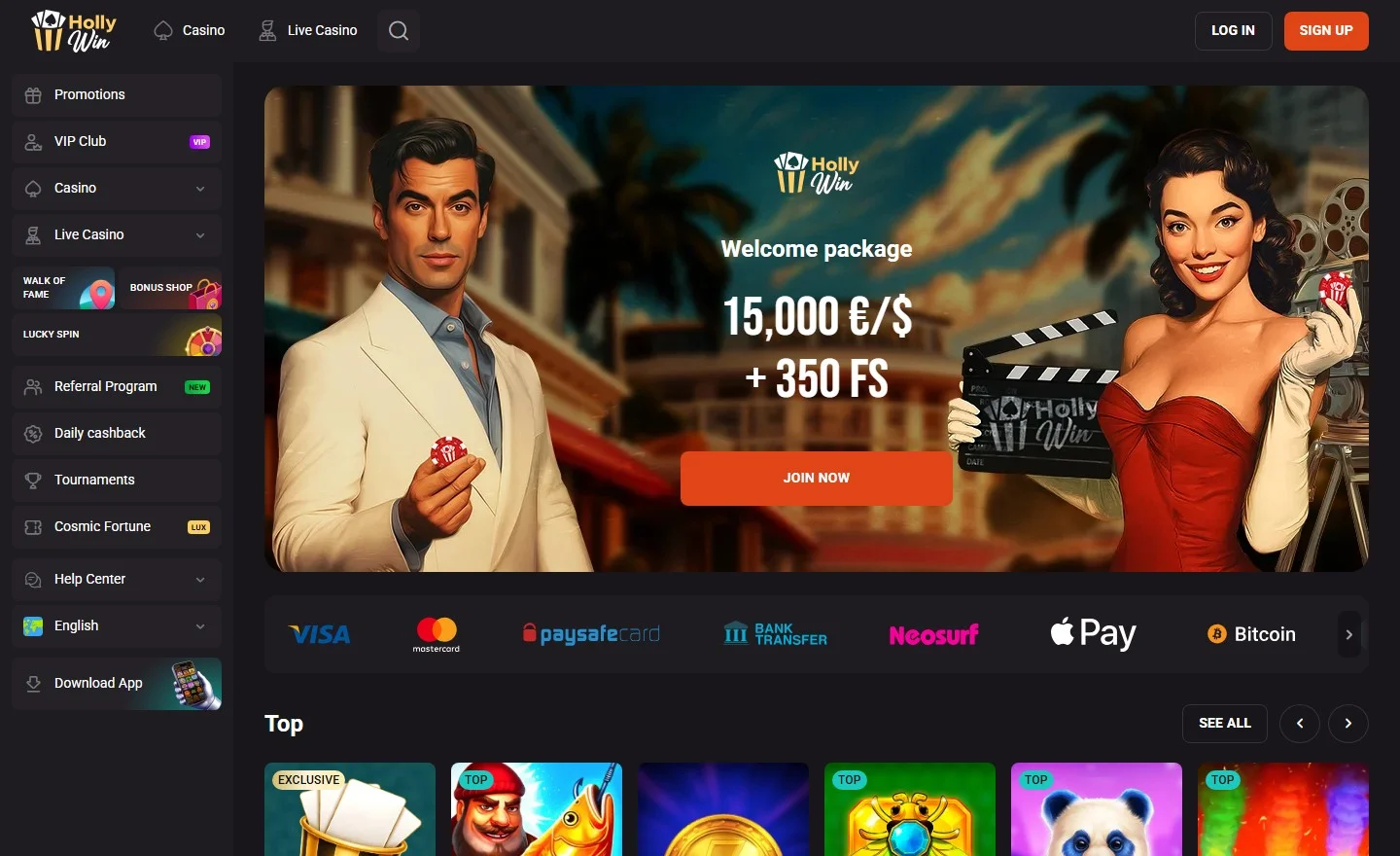 casino non aams skrill: la homepage del casinò Hollywin