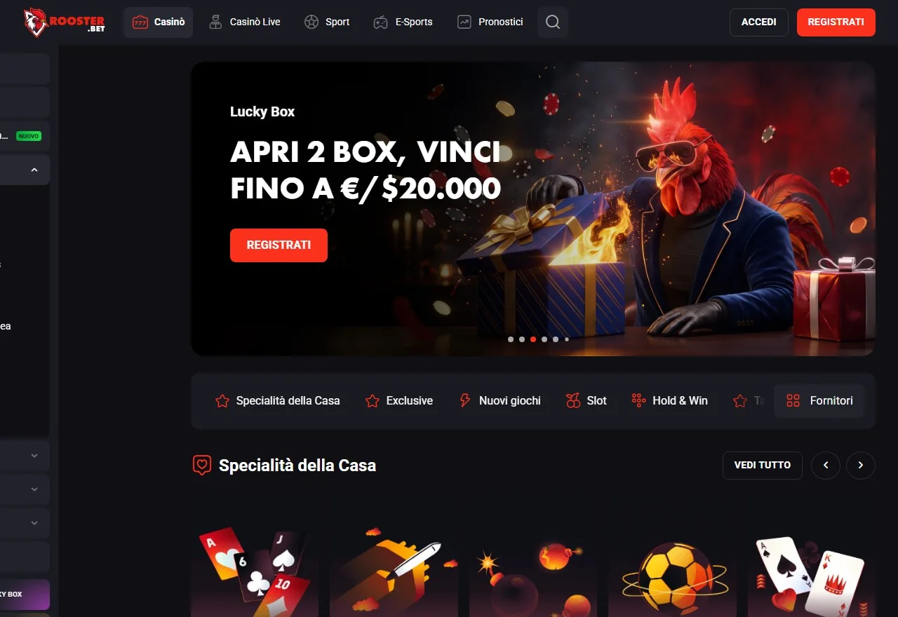 la homepage di Rooster Bet nella guida ai skrill deposit casino